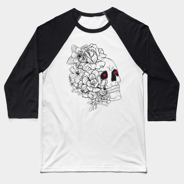 skeleton face drawn in black lines with various flowers and roses on one side Baseball T-Shirt by JENNEFTRUST